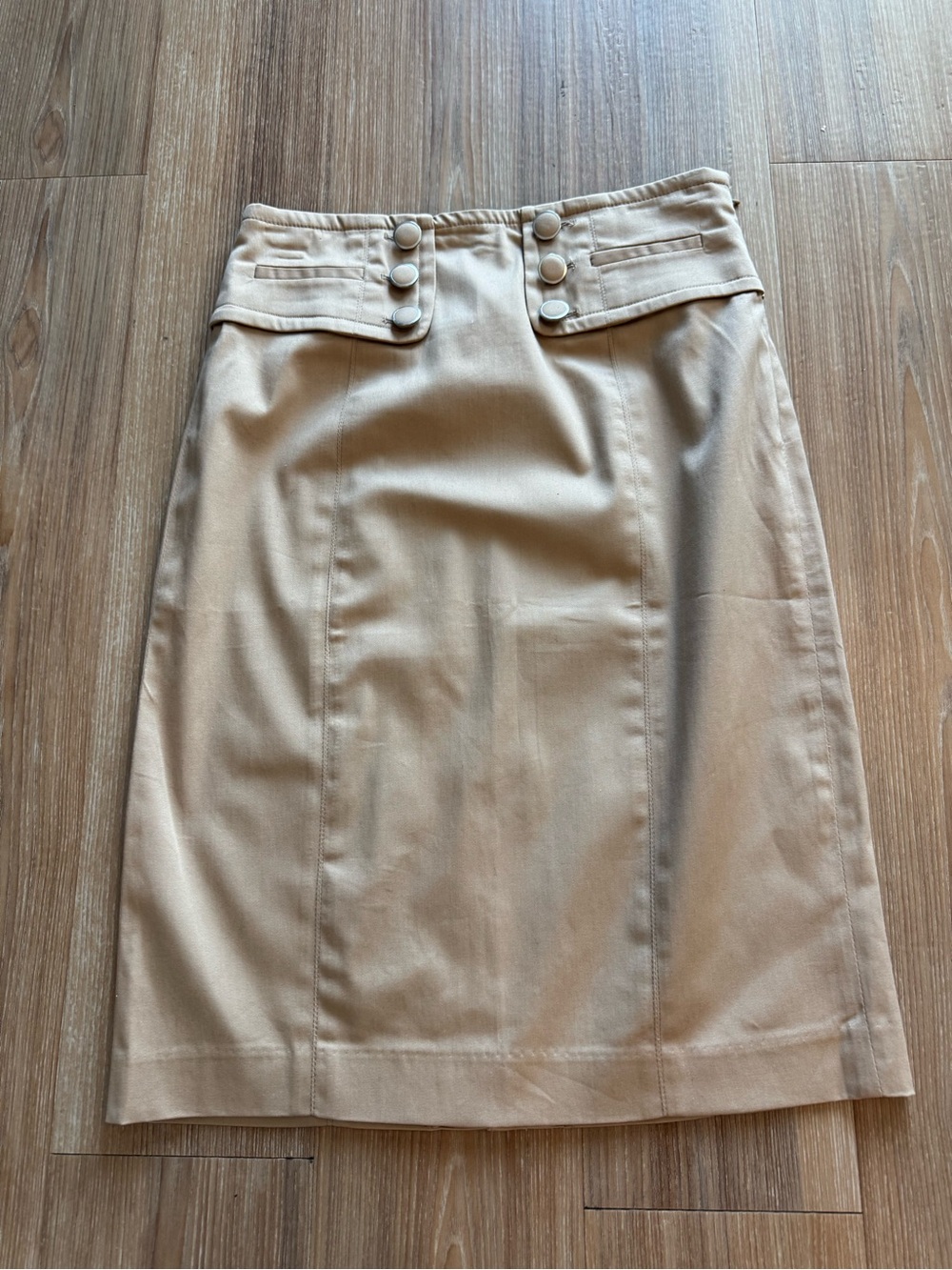 Chelsea & Theodore Beige Button-Accent High-Waist Midi Skirt